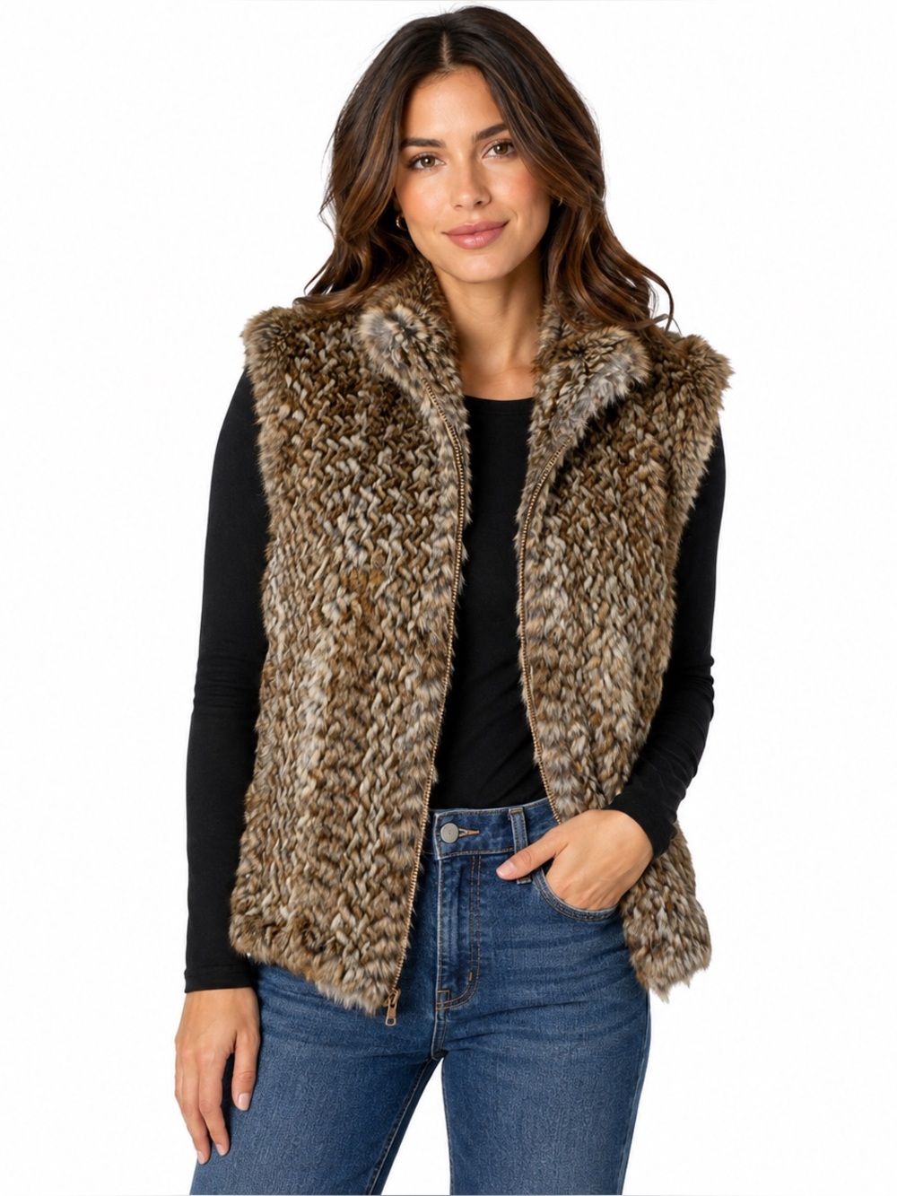 SPI 25 Genuine Rabbit Fur Full Zip Brown Lapin Vest Womens M